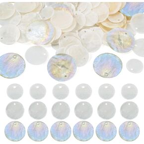 FASHEWELRY 100pcs Flat Round Shell Coin Beads 15mm/20mm/25mm White Capiz Shell Discs Charms for Hawaiian Style DIY Jewelry Making Necklace Bracelet Earring Wind Chime