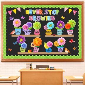 73 Pcs Spring Bulletin Board Decoration Set with 3D Paper Flower Never Stop Growing Classroom Decor Inspirational Bulletin Board Decoration for Spring Theme School Home Chalkboard Wall Decor