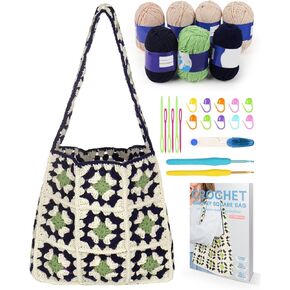 Aeelike Crochet Kit for Beginners, Granny Squares Crochet Bag Kit with Soft Crochet Yarns Detailed Instruction, Complete Crochet Starter Kit for Crochet Bag, Easy to Learn Yarn Kit