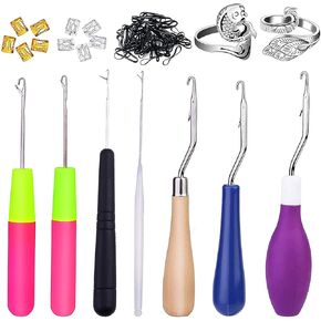 Crochet Hooks for Hair Set, 7 PCS Latch Hook Crochet Needles + 2 PCS Adjustable Knitting Crochet Loop Rings + 10 PCS Dreadlocks Hair Rings, Dreadlocks Tool Set for Braiding Hair Accessories
