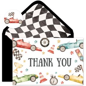 24 Pack Race Car Thank You Cards Bulk Colorful Race Track Blank Note Cards with Envelopes Stickers Black White Plaid Greeting Cards for Racing Party Birthday