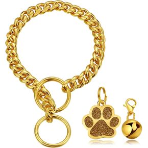 Gold Chain Dog Collar Cuban Link Dog Collar 10MM Gold Dog Collar Stainless Steel Metal Slip Collar for Puppy Small Medium Large Dogs with Bells Paw Charm(16")