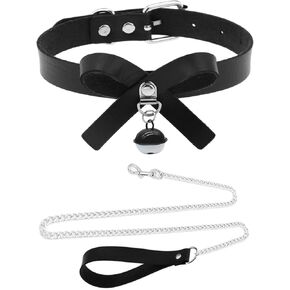 Black&White Bell Choker Collar and Leash Chain Set for Pet Dog Cute Cosplay Accessories,Butterfly Bow Leather Necklace with Buckle