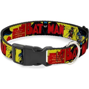 Dog Collar Plastic Clip Classic Batman Issue 1 Robin Batman Cover Pose Yellow Red 8 to 12 Inches 0.5 Inch Wide