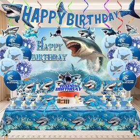 Shark Birthday Party Supplies, Shark Theme Style Party Include Happy Birthday Banner, Backdrop, Tableware Set, Tablecloth, Hanging Swirls, Cake Toppers, Cupcake Toppers, Latex Balloons(A)