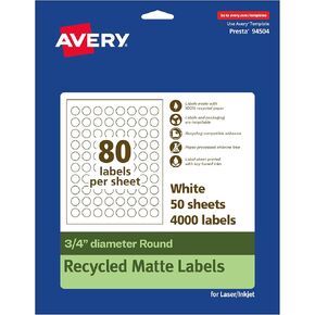 Avery EcoFriendly Matte White Recycled Round Labels, 0.75" Diameter, Print-to-The-Edge, Matte White Labels, Permanent Label Adhesive, Laser/Inkjet, 800 Printable Labels