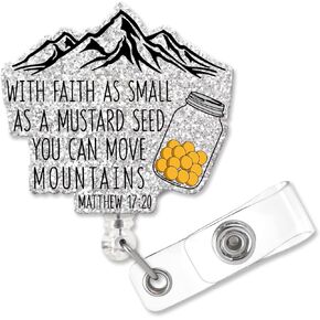 with Faith As Small As A Mustard Fun Shaped Badge Reel Holder with Metal Shark Clips, Office Hospital Lab Work ID Tags, Nurse Badge Gifts, Doctors Pharmacist Christian Gifts, Bible Verses