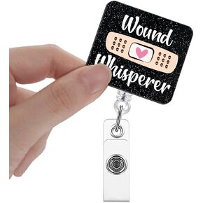 Wound Whisperer Badge Reels Retractable Glitter with Clip, Funny Badge Holder for School Urgent Care Doctor, Gift for WOC Wound Care Nurse