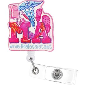 MA CMA Badge Reel Retractable - Funny Medical Assistant & Certified Medical Assistant Badge Clip with ID Clip for Women Nurse Cute Bling Glitter Badge Holder Gift for MA CMA Nursing Hospital Worker