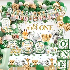 Cocomigo 248pcs Wild One Birthday Decorations for 1 Year Old Boy, Complete Wild One Themed Set Sturdy 300g Paper Plates 104pcs Balloon for 1st Birthday Parties and Get-Togethers, Serves 20