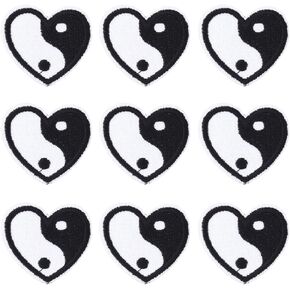 10Pcs 30 x 34MM Black White Yin Yang Iron on Patches Mini Heart Sew on Patch Tai Chi Embroidered Repair Chinese Character Applique Bulk for Sewing Making Cloth Shirt Valentines Crafts Supply