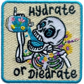 Hydrate or Diedrate Patch, 3 Inches Sew On Iron On Patches Funny Skeleton Embroidery Patches for Clothes Backpacks Hats Jeans Bags, Mental Health Embroidered Patches, Humor DIY Patch for Adult