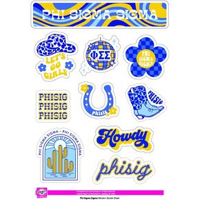 Phi Sigma Sigma Sticker Sheet - Western Design Vinyl Sorority Stickers with Officially Licensed Designs, Removable Adhesive, 10 Stickers per Sheet, by Sorority Shop