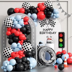 132pcs Race Car Balloons Arch Garland Kit, 18 12 10 5Inch Red Blue Black Checkered Wheel Tire Balloons for Race Car Birthday Party Decorations Two Fast Birthday Decor