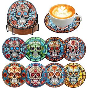 8 Pcs Diamond Art Coasters Kits for Adults - Diamond Painting Coasters Kits for Adults with Holder Cork Pads DIY Stained Glass Skull Diamond Art Dots Painting Coasters Set for Adults Beginners Crafts