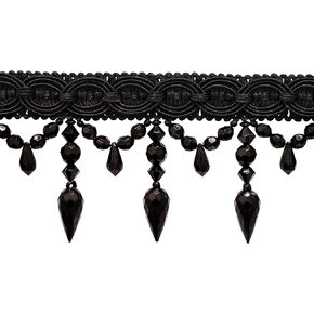 3 3/4" (9.5cm) Decorative Beaded Fringe Trim with Fancy Gimp Header, Large Teardrop Bead Design (Style# BF334) Pure Black #K9 (Jet Black) 3 Yard Value Pack (2.5m/9 ft)