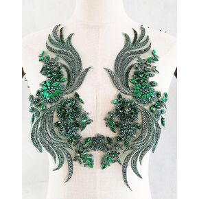 Jenniferwu Handmade beaded appliques Embroidered Rhinestone Lace Beaded Apnplique with Sequins Trim lace Patches for Wedding Evening Dress DIY Manual Accessories One Pair LA1008-Green