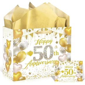 EoBeCy 50th Anniversary Paper Gift Bag - White and Gold Happy Anniversary Wrapping Gift Bags with Tissue Paper and Card for Couple, Friends, Parents - Golden Wedding Party Favors