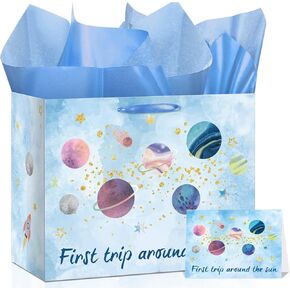 Baby Boy Gift Bags First Trip Around The Sun Decoration Galaxy Space 1st Birthday Wrapping Paper Bag Planet One Year Old Greeting Card Tissue Papers for Boys Baby Shower Party Favors Decor Supplies