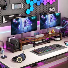 Wisdom Star Dual Monitor Stand Riser for 2 Monitors, Wood and Steel Monitor Stand with Drawer, Adjustable Length & Swivel Angle, Multi-Purpose Desktop Storage Stand for Computer, Laptop, PC Monitor, Brown