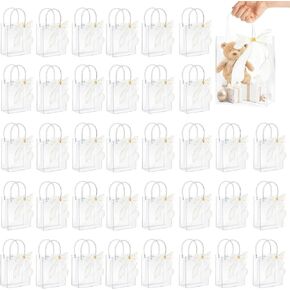 60 Pcs Clear PVC Gift Bags with Handles, Reusable Transparent Gift Bag with Beige Ribbon, Plastic Goodie Bags Party Favor Bags Bulk for School Birthday Wedding Baby Shower Party (5.1 x 5.9 x 2.7 Inch)