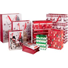 24 PCS Gift Bags for Christmas Wrapping, Holiday Bags with Festive Snowman, Reindeer, Snowflake and Christmas Stocking/Cane/Tree/Gin Design – Hot Stamping Foil Bulk Set,6 X-L,6 Large,6 Medium,6 Small