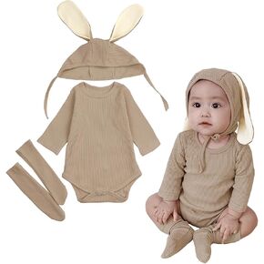 AGQT Newborn Baby Bunny Costume 1st Easter Outfit 3PCS Long Sleeve Romper Baby Boys Halloween Costume Size 0-6 Months