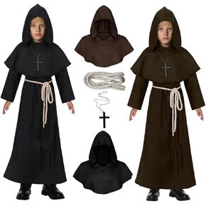 Kids Medieval Renaissance Monk Robe Hooded Friar Cloak Boys Priest Costume Cross Necklace Belt for Halloween Cosplay