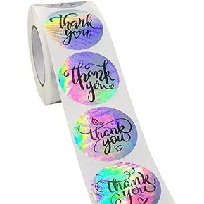 500Pcs Silver Thank You Stickers Label Stickers Holographic Roll Adhesive Business Labels,Rainbow Holo Stickers for Boutiques Shop Wrapping Supplies Practical All-Purpose Labels Labels and Stickers