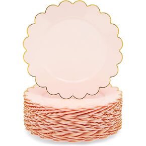 Sparkle and Bash 50 Pack Pink and Gold Plastic Plates, 9 Inch Scalloped Plates with Gold Rim for Birthday Party, Baby Shower
