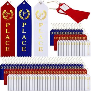 180 Pieces Award Ribbons 1st, 2nd, 3rd Place Flat Carded Set First Place Prizes with Event Card and Rope for Competition, Sports Event, School, Contests, Blue Red White