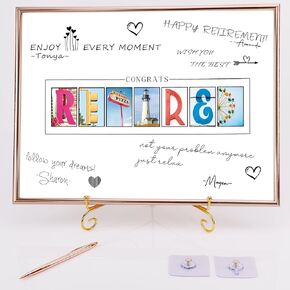 Framed Rose Gold Retirement Guest Book, Retirement Party Decorations, 12X16 Large Sign Poster- Retired Party Favors, Retirement Gifts for Women, with Metal Gold Holder & Rose Gold Pen & Acrylic Glass