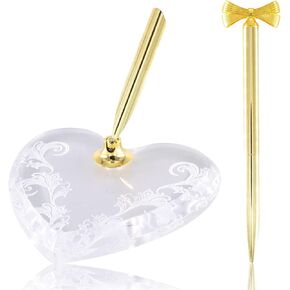 SnowTing Heart Pen Holder Signing Pen Set Guest Book Accessories for Wedding Bridal Engagement Favors Opening Ceremony Graduation Parties Office Acrylic Base with Golden Bow-knot Ballpoint Pen in Kuwait