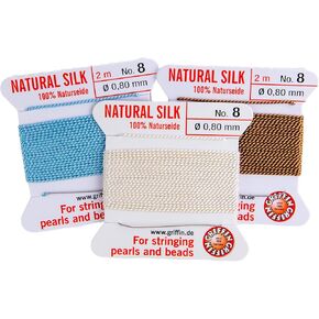 JewelrySupply Griffin Bead Cord 100% Natural Silk #8 Color Assortment (White/Turquoise/Beige/Lilac) Each Card Includes a stringing Needle.
