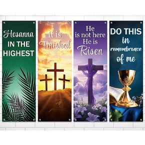 4PCS Easter Church Banners for Sanctuary Wall Welcome Religious Easter Banners Hanging Backdrop Scripture Church Banner Easter Church Porch Signs for Holiday Church School Nativity Decorations