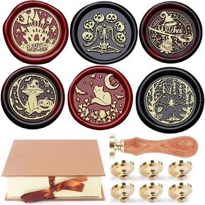 Halloween Wax Seal Stamp Kit, Vintage Sealing Wax Stamp Set, WASOHLING 6Pcs Removable Brass Head Sealing Stamps with Wooden Handle for Halloween Easter Party Invitation Envelope Greeting Card