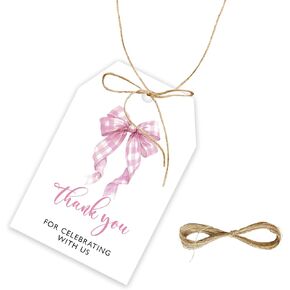 50pcs Pink Bow Thank You Tags, Pink Coquette Bow Gift Tag with String for Birthday Party, Bow Ribbon Thank You Paper Tags for Wedding/Bridal Shower Party Favors
