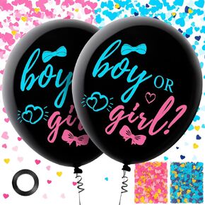 2 Pcs Black Gender Reveal Balloons, 36 Inch Giant Boy or Girl Balloon for Gender Reveal,Baby Balloon with Pink and Blue Heart Shape Confetti for Boy or Girl Baby Shower Gender Reveal Party Supplies