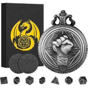 Mini DND Dice Set with Steampunk Monk (Fist) Pocket Watch Case, Tiny 7PCS Polyhedral Metal D&D Dice, DND Gifts with Gift Box, Role Playing Game Board Game Accessories Dice, Dark Silver