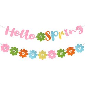 Hello Spring Banner, Pre-Strung Spring Flower Banner Colorful Spring Garland Banner Glitter Hello Spring Hanging Decorations for Welcome Spring Easter Celebration Party Supplies
