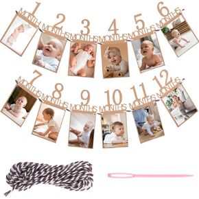 1st Birthday Baby Photo Banner, 1st Birthday Photo Banner Decorations for Baby from 1 to 12 Months, Monthly Milestone Photograph Bunting Garland, First Birthday Celebration Decoration (Kraft)