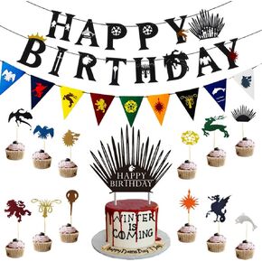 Games of Thrones Birthday Banner, Cake and Cupcake Toppers, Balloons for GOT Birthday Party Supplies Decorations, 63PCS IN ALL