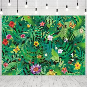 INRUI Polyester Tropical Palm Leaves Photography Backgroud Summer Jungle Wild Bee Bug Butterfly Reptile Insects Decorations Green Tropical Rainforest Party Backdrop (7x5FT)