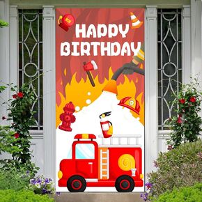 Firetruck Happy Birthday Banner Backdrop Red Firetruck Safety Equipment Fire Rescue Theme Front Door Decor for Firefighter Fireman Boys Birthday Party Favors Decorations Supplies 35.4x72.8in-BECKTEN