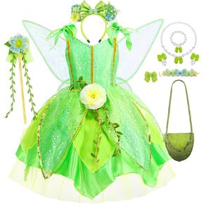 Tinkerbell Fairy Dress Up ، Girl Cosplay Princess Costume Green Floral Tulle Salting Wings ، 7pcs set accessories