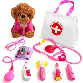 Fajiabao Doctor Kit for Toddlers 3-5, Kids Doctors Play Set with Plush Dog, Toy Stethoscope & Carrying Bag - Pretend Play Girl Toys Educational Role Play Gifts for 2 3 4 5 6 Year Old Girls (Pink)
