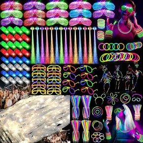 298 Glow in the Dark Party Supplies, 20 wedding wands, 14 LED Hair Clips Fiber Optic, 14 LED Glasses, 18 DIY Glow Glasses and 200 Glow Sticks Bulk,for Glow Party,New Year,Wedding,Concert