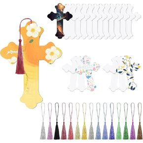 100 Pcs Sublimation Cross Bookmark Blank, Paper DIY Cross Bookmarks with Hole and Colorful Tassels for Crafts,Personalized Tassels Blank Bookmarks