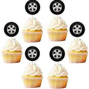 Tire Cupcake Topper,Racing Wheel Cake Topper,Tyre Cake Decorations for Baby Shower Birthday Party Racing Theme Party Race Car Party Favor Supplies (25)
