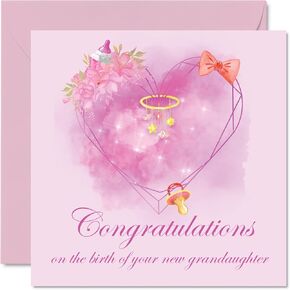 New Baby Girl Card - New Grandaughter Heart - Congratulations Baby Girl Cards Newborn, Well Done Congrats New Baby Cards, Welcome To The World Home Gifts, 145mm x 145mm Greeting Cards for Grandparents